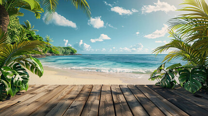 Wooden platform with tropical beach landscape, great for marketing and presentation purposes