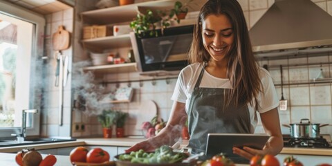 A beautiful young woman watching recipe on the digital tablet and cooking food in kitchen