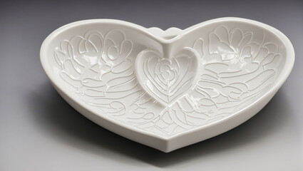 A white, heart-shaped bowl with a smaller white heart inside it. 