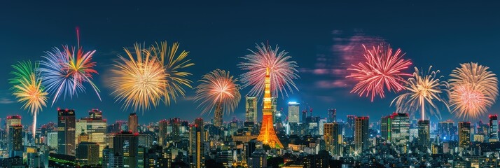 Fototapeta premium Vibrant Fireworks Display Above Modern City Skyline