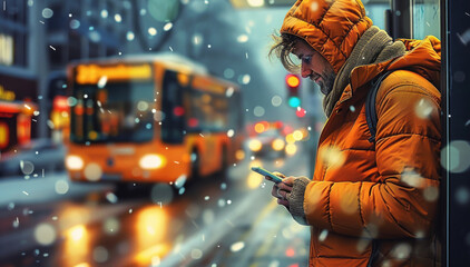 Man standing at a bus stop looking at his phone. Generative AI.
