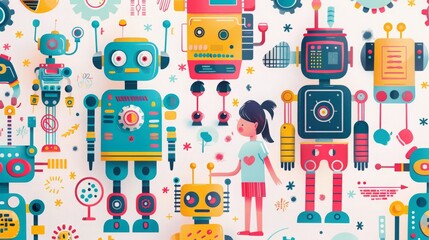 A colorful illustration featuring a girl interacting with various robots and playful elements in a whimsical setting.