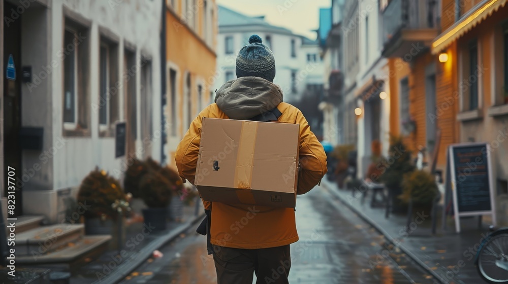 Poster A behind view of a delivery driver delivering a parcel to a customer. Generative AI.