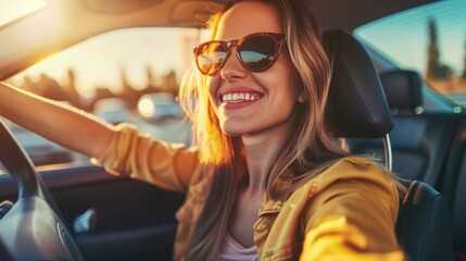 A woman driving a car. Young traveler driving. Car travel, lifestyle concept