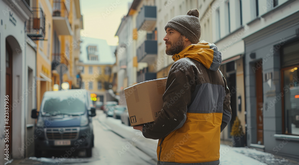 Poster A behind view of a delivery driver delivering a parcel to a customer. Generative AI.
