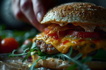 Hamburger with beef. cheese. tomato and arugula