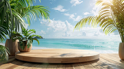 Obraz premium Wooden podium with tropical leaves and beach scene in the background, perfect for summer product presentation