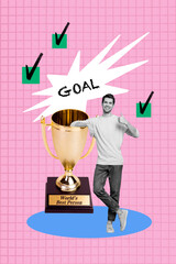 Vertical photo collage of happy handsome man show thumb up receive gold goblet best winner reward...