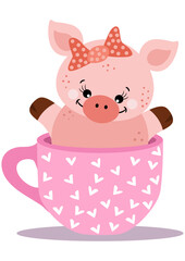 Adorable pig in pink cup