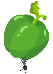 Cute ant carrying a green sweet bell pepper