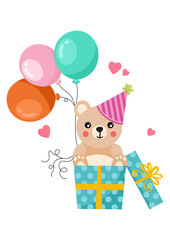 Surprise happy birthday box gift with teddy bear holding balloons