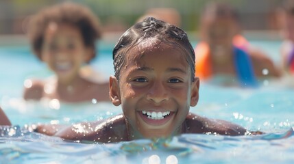 children receiving water safety education from lifeguards or instructors