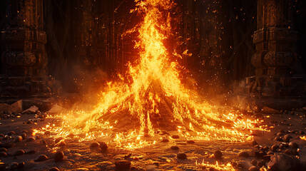 A ceremonial pyre burns, sacred flames ascending to the heavens. - Powered by Adobe