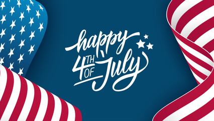 Happy 4th of July. United States Independence Day celebration banner with hand lettering and waving American national flag on blue background. Vector illustration.