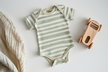 Baby boy onesie on a light background. Fashion newborn clothes. Flat lay, top view. Baby kids soft clothing set, wooden toys. Infant trendy bodysuit made of organic eco friendly cotton. Gender neutral