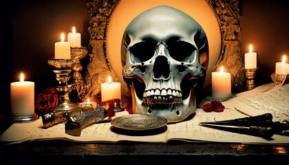 A skull featured among burning candles, old books, and occult items, evoking a sense of mysterious rituals.. AI Generation