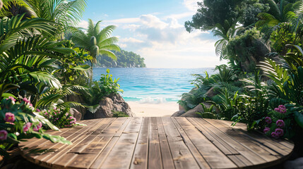 Wooden stage with tropical foliage and beach landscape, ideal for marketing presentations