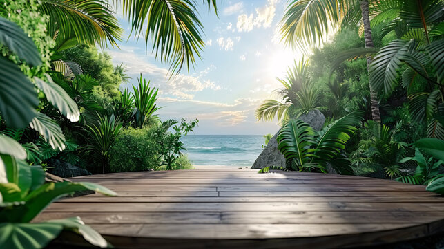 Wooden stage with tropical foliage and beach landscape, ideal for marketing presentations