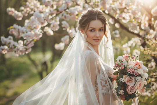 Beautiful bride in a white dress with a long veil