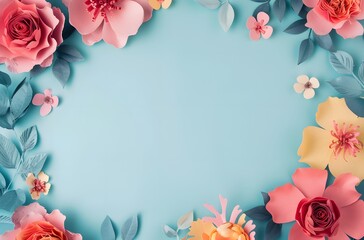 Colorful Handmade Paper Flowers on Light Blue Background