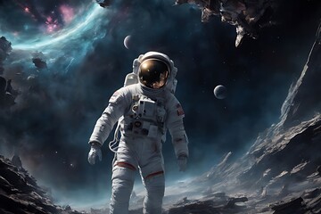 Fototapeta premium Man in Space Suit Walking Through Rocky Area