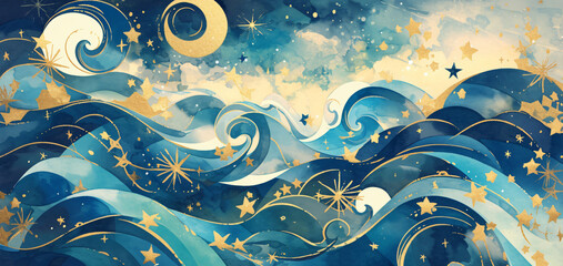Watercolor blue waves with a starry night background for fantasy and dream themes, featuring a celestial seascape, with copy space text, for magical and imaginative art.