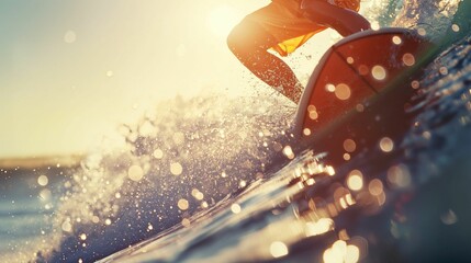 Close-up of a surfer riding a wave at sunset, water splashing around.