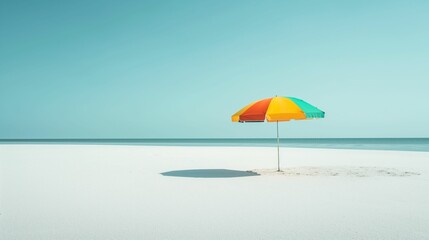 Colorful beach umbrella on a pristine white sand beach with a clear blue sky.