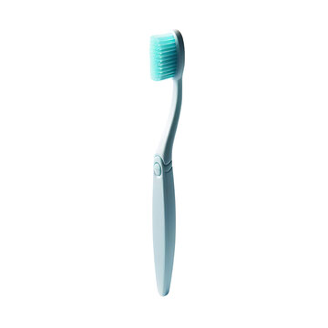 Mockup of a white plastic toothbrush with blue bristles. Side view. Advertising of oral hygiene products.