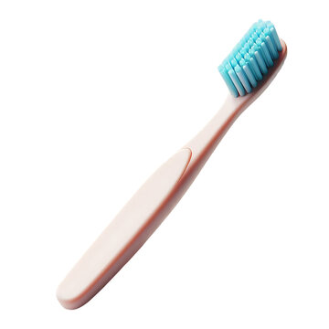 Mockup of a beige toothbrush with blue bristles. Side view. Advertising of oral hygiene products.