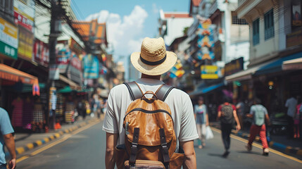 Asian traveler tourist walking and travelling in the market, generative Ai