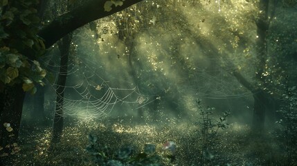 Enchanted forest scene with spider webs glistening in morning light.