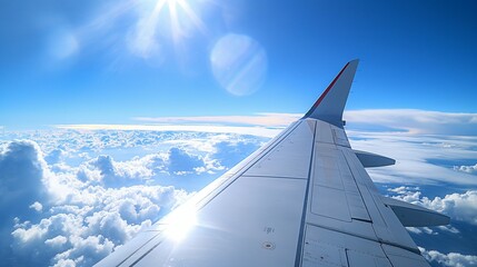 Fototapeta premium Image of a airplane wing over cloud-covered skies.