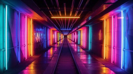 Fototapeta premium Multicolored neon lamps lined along a dark tunnel.