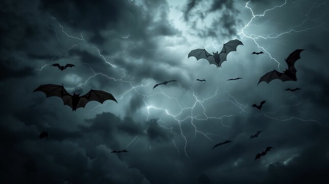 Image of silhouetted bats flying against a backdrop of ominous dark clouds.