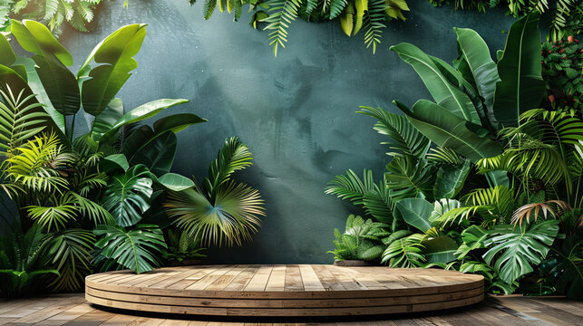 Wooden stage with tropical foliage and beach landscape, ideal for marketing presentations