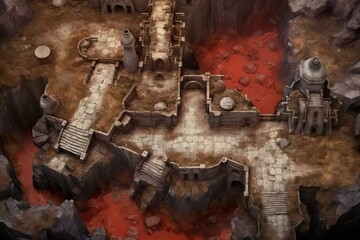 DnD Battlemap Castel Hellish Demons: A menacing landscape with fiery demons.