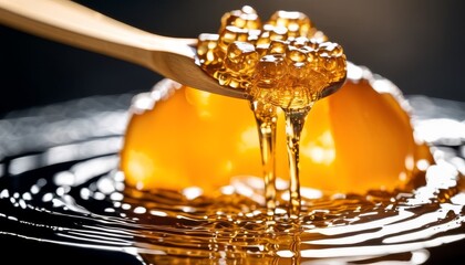 Close-up image of golden honey dripping from a wooden spoon over a jelly dessert, showcasing texture and shine.. AI Generation