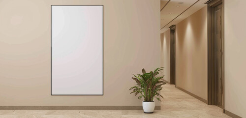 Minimalist design emphasized by a tall vertical blank frame on a beige corridor wall, extended format.