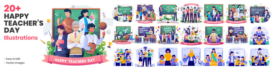 Mega Collection of Teacher’s Day Illustrations. A Group of Teachers From Various Fields Gathers. Happy Students Giving Gifts and Bouquets of Flowers to Their Teacher
