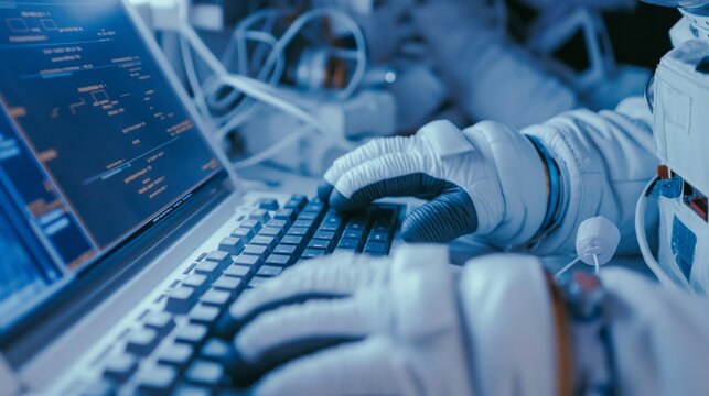 Close-up on Wireless keyboards and mice floating in a zero-gravity environment with Austronaut hand typing 
