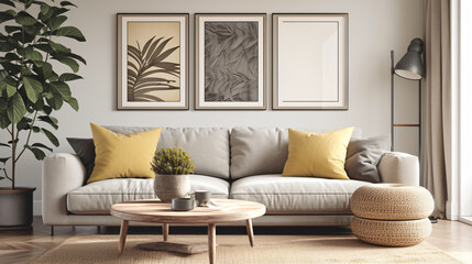 Minimalist living room with a gray sofa and yellow pillows background for interior design and home decor, featuring a gray sofa and yellow pillows, with copy space text, for home staging 
