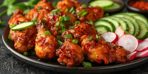 Fototapeta premium Closeup of Korean fried chicken with spicy or sweet sauce and pickled radishes. Concept Food Photography, Korean Cuisine, Spicy & Sweet Flavors, Fried Chicken, Pickled Radishes