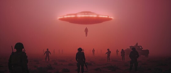 The soldiers are looking up at the spaceship