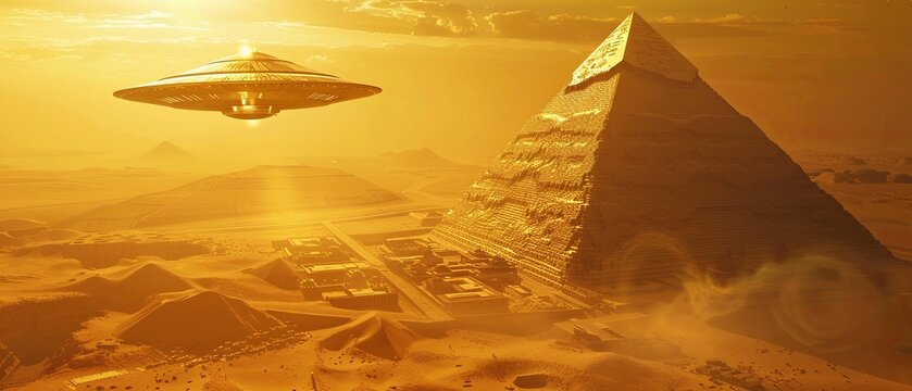 A pyramid and a spaceship flying in the sky