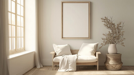 Minimalist living room with a wooden sofa and a vase of dried flowers background for interior design and home decor, featuring a wooden sofa and a vase of dried flowers, with copy space text