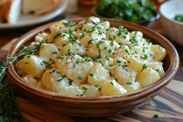 Kartoffelsalat - Creamy potato salad with herbs and a sprinkle of green onions.