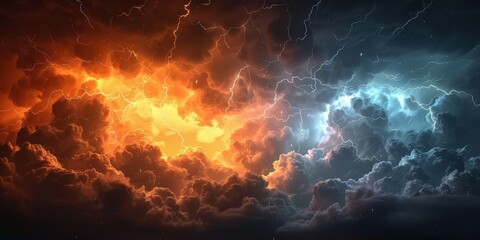 dark clouds sky with lightning and thunder, colorful orange blue lightning, stormy weather, Bright blue orange  lightning strike in a thunderstorm sky, banner