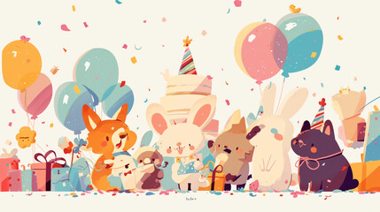 Obraz premium Cartoon animals celebrating birthday background for children and birthday themes, featuring cartoon animals celebrating a birthday, with copy space text, for children and birthday themes.