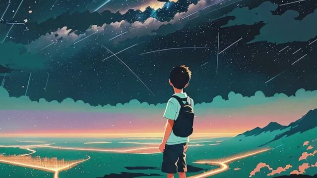 Entergalactic Night: Dreamy Boy Gazing at the Starry Sky in Serene Solitude, Exploring the Infinite Cosmic Universe